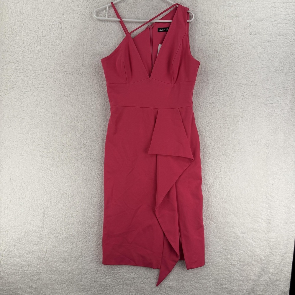 Lavish Alice Dress Womens 8 Pink Asymmetrical Ruffle Midi Bodycon Pencil V Neck